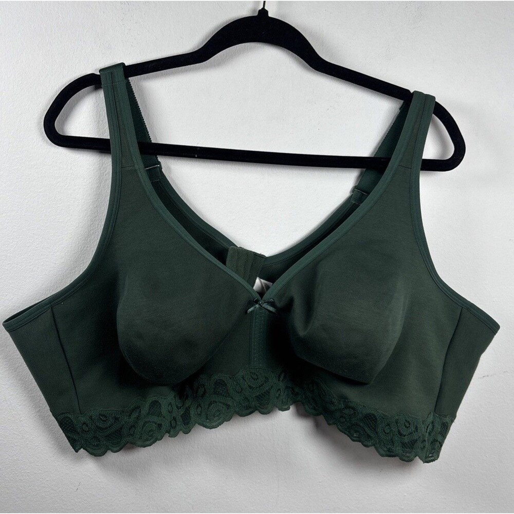 Cacique 52D Wireless Comfort Bra Olive Green Lace Trim Full Coverage Plus Size
